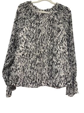 Nine West Black and White Printed Peasant Blouse, Elastic Hem Line, XL
